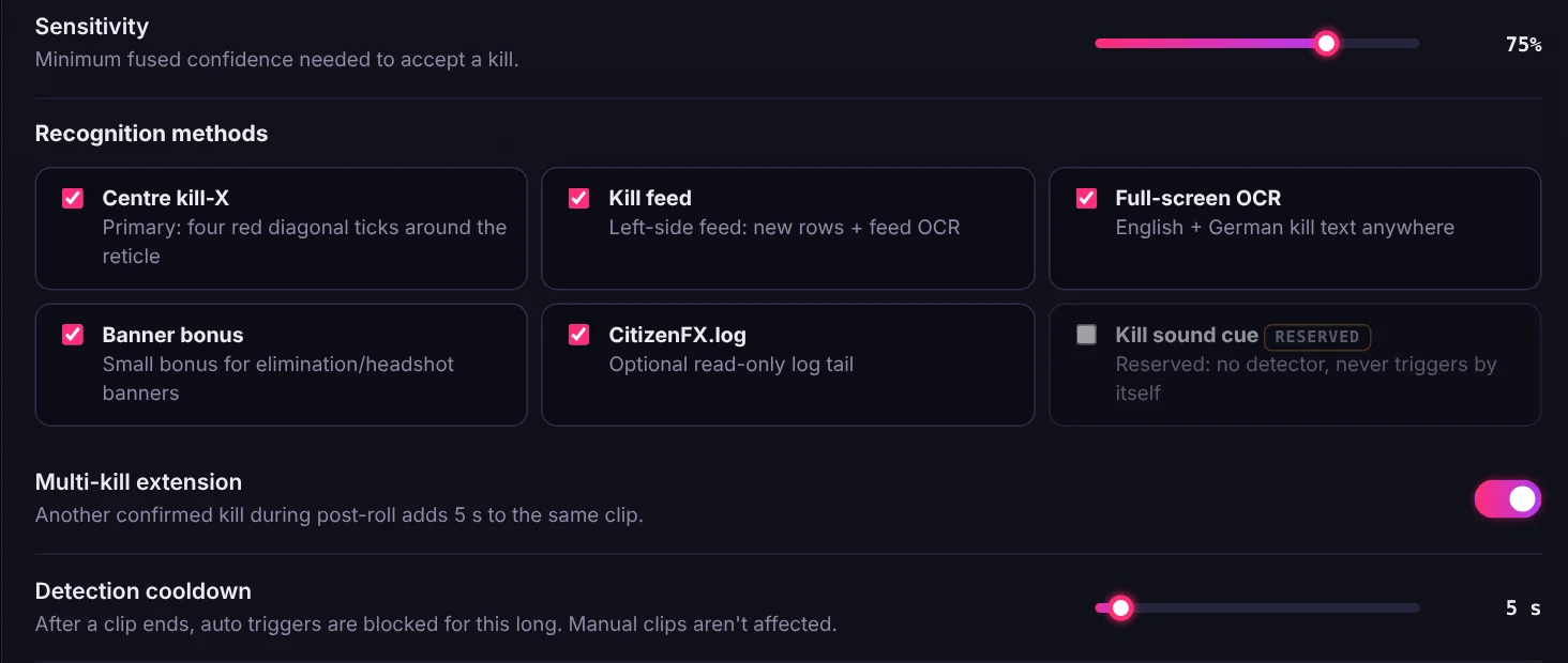 Kill detection settings: sensitivity, recognition methods, multi-kill extension